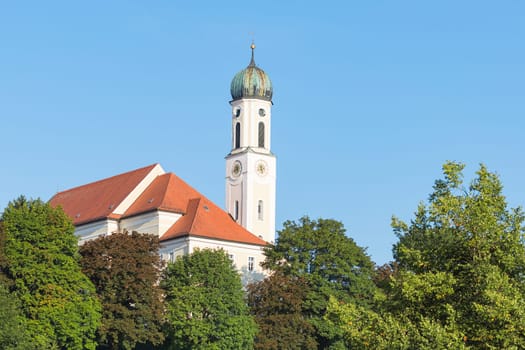 Tranquil and peaceful scenery in Bavarian small town Schongau with old ancient Catholic church