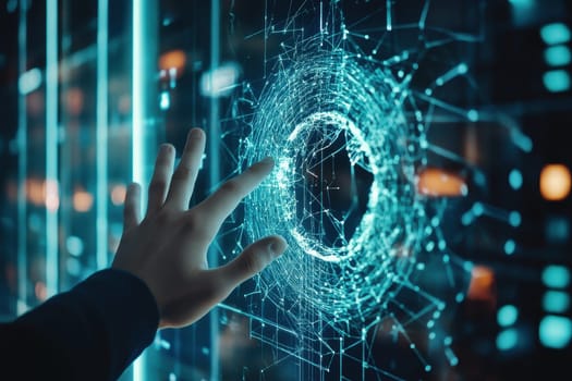 A human hand reaches out to manipulate a glowing digital interface, symbolizing the interaction between technology and human innovation in a modern world.