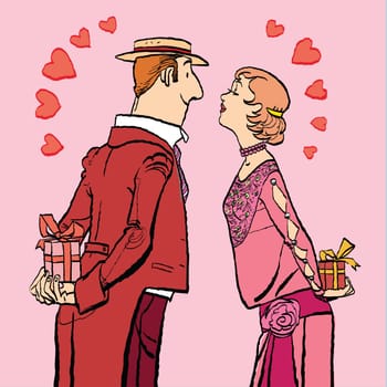 Valentines day, a couple man and woman give gifts. Vector cartoon illustration of retro style.