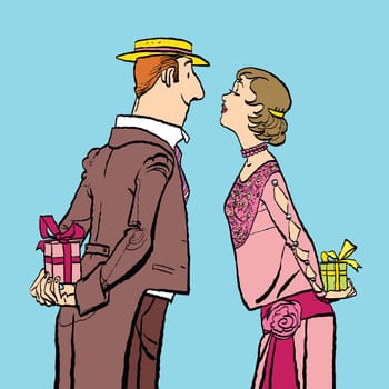 Valentine day, a couple man and woman give gifts. Vector cartoon illustration of retro style.