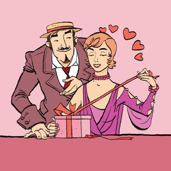 Love and romance. Retro woman opens the gift to a loved one. Vector cartoon illustration of retro style.