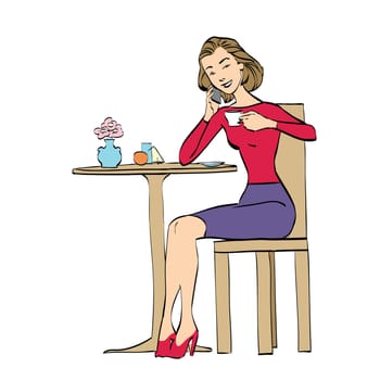 Beautiful woman in cafe drinking coffee. Vector cartoon illustration of retro style.