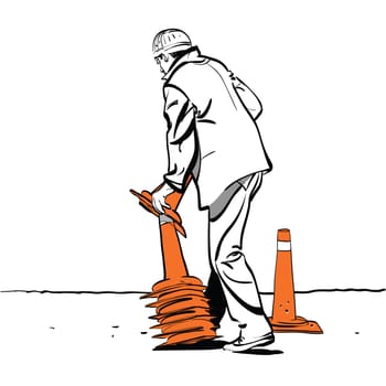 Road worker puts traffic cones. Cartoon hand drawing illustration
