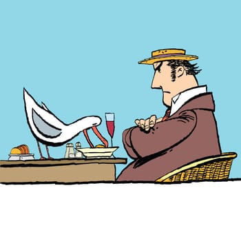 Bird eating food from the plate, cartoon style vector illustration. Street restaurant