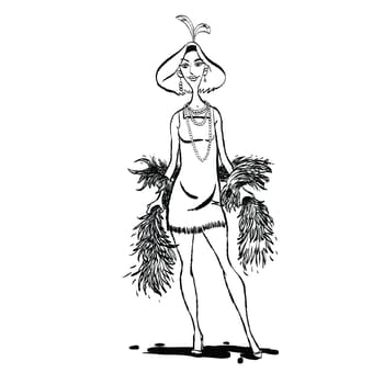 Retro lady with scarf ostrich feather. Vector cartoon illustration. Black and white illustration to paint