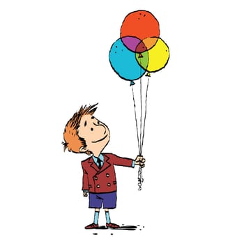 Boy and colorful balloons. Vector cartoon illustration of retro style. Birthday and holidays