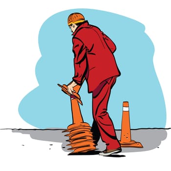 Road worker puts traffic cones. Cartoon hand drawing illustration