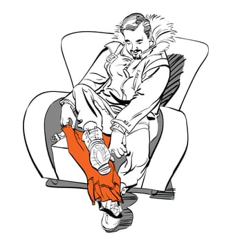 Traveler a man wearing Shoe covers. Cartoon hand drawing illustration