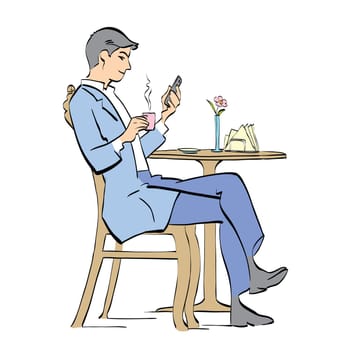 Man drinking coffee in cafe. Vector cartoon illustration of retro style. businessman reading a smartphone