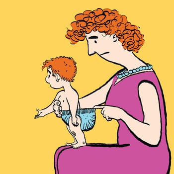 Mom changes baby diaper, cartoon style vector illustration