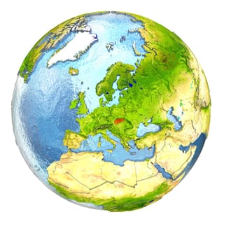 Slovakia highlighted in red on Earth. 3D illustration with highly detailed realistic planet surface isolated on white background. Elements of this image furnished by NASA.