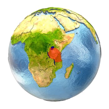 Tanzania highlighted in red on Earth. 3D illustration with highly detailed realistic planet surface isolated on white background. Elements of this image furnished by NASA.