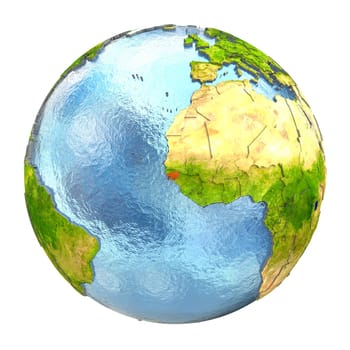 Guinea-Bissau highlighted in red on Earth. 3D illustration with highly detailed realistic planet surface isolated on white background. Elements of this image furnished by NASA.
