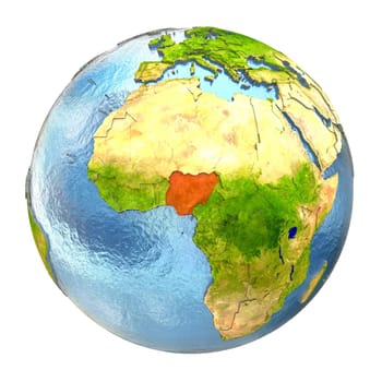 Nigeria highlighted in red on Earth. 3D illustration with highly detailed realistic planet surface isolated on white background. Elements of this image furnished by NASA.