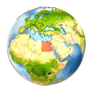 Egypt highlighted in red on Earth. 3D illustration with highly detailed realistic planet surface isolated on white background. Elements of this image furnished by NASA.