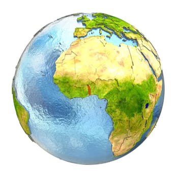 Togo highlighted in red on Earth. 3D illustration with highly detailed realistic planet surface isolated on white background. Elements of this image furnished by NASA.
