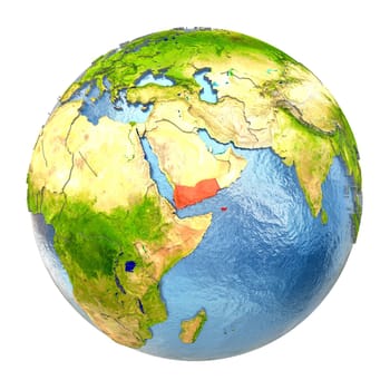 Yemen highlighted in red on Earth. 3D illustration with highly detailed realistic planet surface isolated on white background. Elements of this image furnished by NASA.