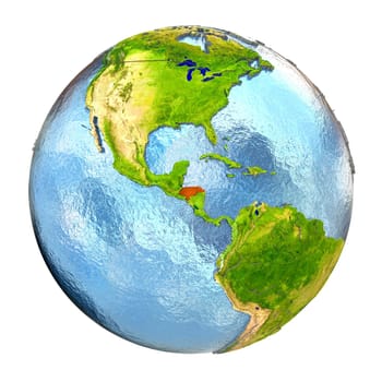 Honduras highlighted in red on Earth. 3D illustration with highly detailed realistic planet surface isolated on white background. Elements of this image furnished by NASA.