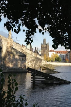 historic Charles Bridge over the Vltava River in Prague.