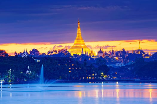 Shwedagon Pagoda at sunset , Myanmar Yangon landmark