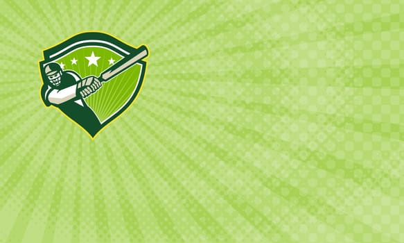 Business card showing Illustration of a cricket player batsman with bat batting facing front set inside shield with stars done in retro style....