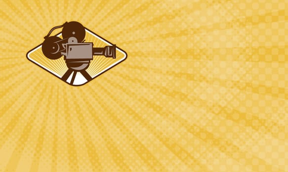 Business card showing Illustration of a vintage movie film motion-picture camera set inside diamond shape done in retro style....