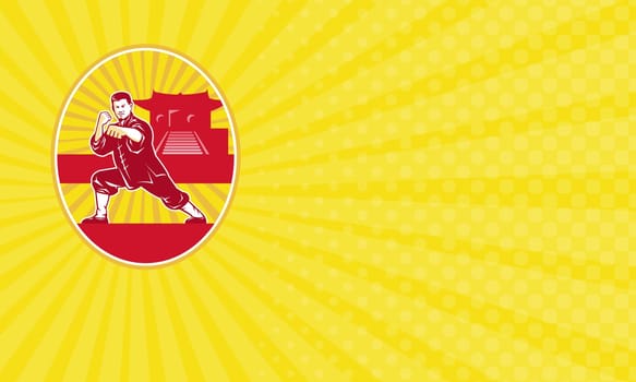 Business card showing Illustration of shaolin kung fu martial arts karate master in fighting stance with temple and sunburst in background set inside oval done in retro style.....