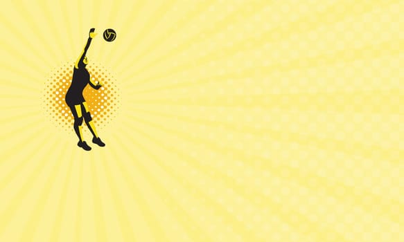 Business card showing Illustration of a female volleyball player jumping spiking ball done in retro style....