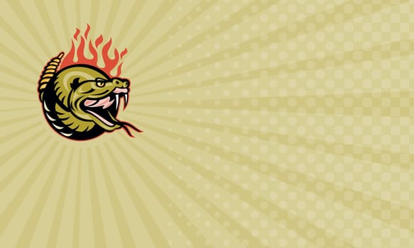 Business card showing Illustration of a rattle snake snake head with flames...