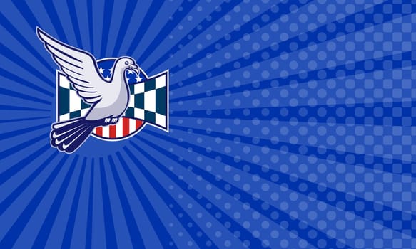 Business card showing Illustration of a racing pigeon with race flag and american stars and stripes set inside circle....
