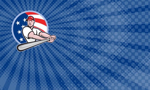 Business card showing Cartoon illustration of a baseball player with bat batting facing front set inside circle with stars and stripes flag in the background....