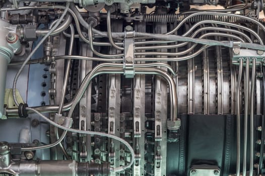 Detailed exposure of a turbo jet engine.