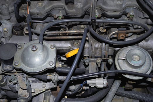 Close-up shot of a part of the working diesel engine