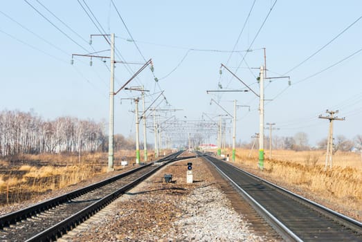 Railroad tracks stretching into the distance beyond the horizon