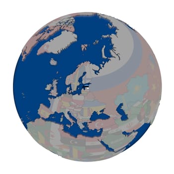 Estonia with embedded national flag on political globe. 3D illustration isolated on white background.