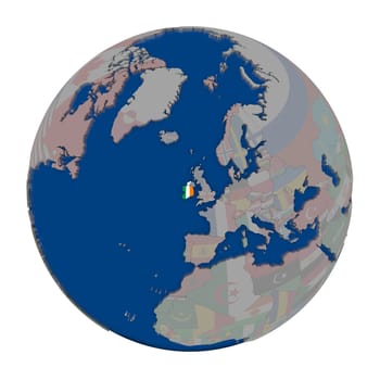 Ireland with embedded national flag on political globe. 3D illustration isolated on white background.