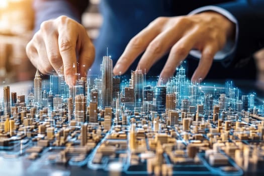 A business professional interacts with a digital 3D model of an urban cityscape. The scene showcases technology integration and innovative planning strategies.