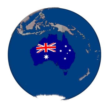 Australia with embedded national flag on political globe. 3D illustration isolated on white background.