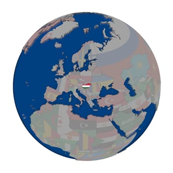 Hungary with embedded national flag on political globe. 3D illustration isolated on white background.