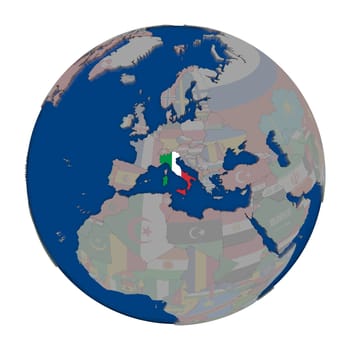 Italy with embedded national flag on political globe. 3D illustration isolated on white background.