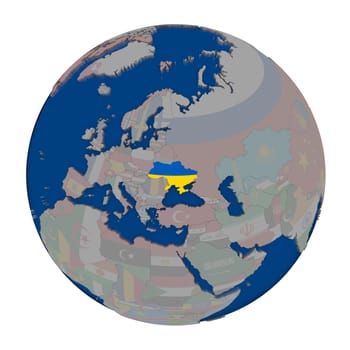 Ukraine with embedded national flag on political globe. 3D illustration isolated on white background.