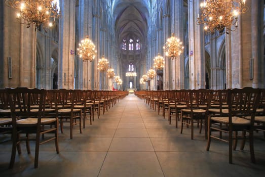The nave and the chandeliers of Saint-Etienne Cathedral, Bourges, Centre, France