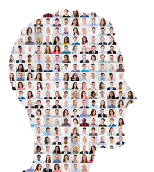 Superimposed Collage Of People On Human Face On White Background