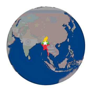 Myanmar with embedded national flag on political globe. 3D illustration isolated on white background.