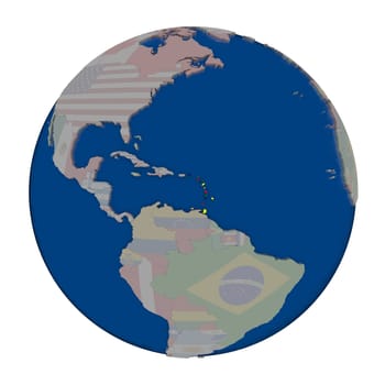 Caribbean with embedded national flag on political globe. 3D illustration isolated on white background.