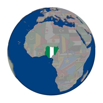 Nigeria with embedded national flag on political globe. 3D illustration isolated on white background.