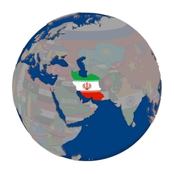 Iran with embedded national flag on political globe. 3D illustration isolated on white background.