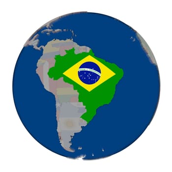 Brazil with embedded national flag on political globe. 3D illustration isolated on white background.