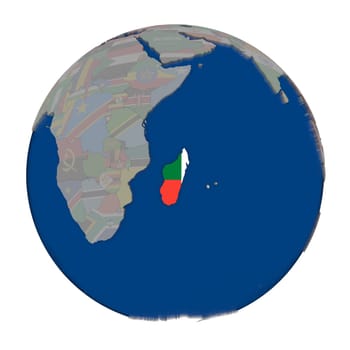 Madagascar with embedded national flag on political globe. 3D illustration isolated on white background.