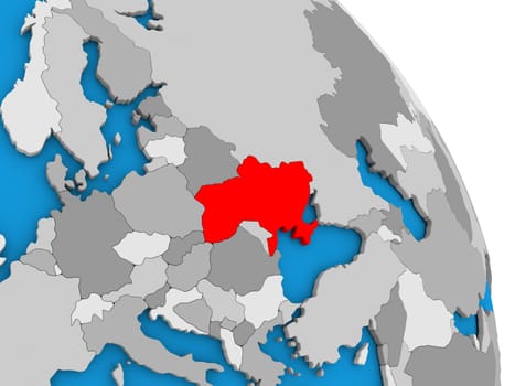 Ukraine highlighted in red on simple globe with visible country borders. 3D illustration